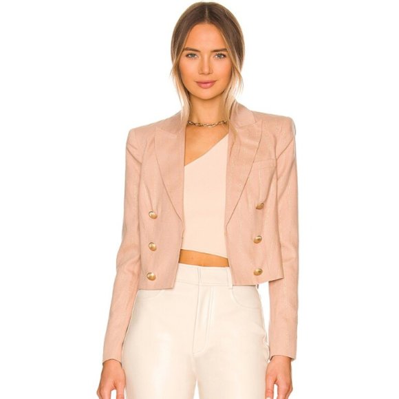 L'AGENCE 'Inez' Cropped Metallic-Stripe Double Breasted Blazer, Biscuit Revolve - Picture 1 of 10